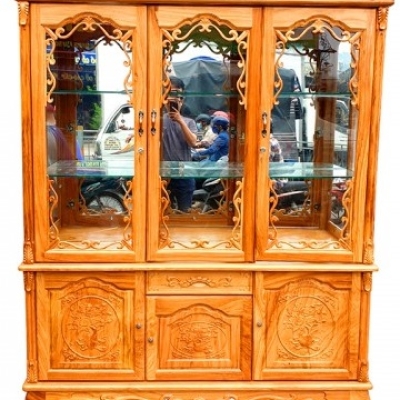 Tủ Rượu Phòng Khách Gỗ Gõ Đỏ 3 Cánh Chạm Đỉnh Đẹp Giá Rẻ